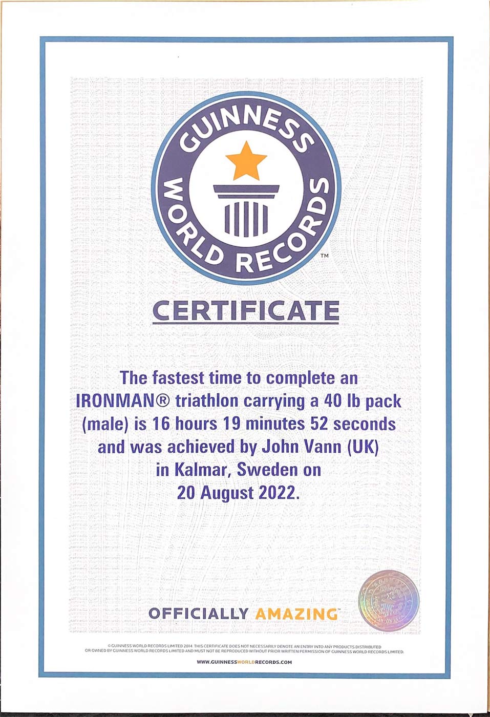 certificate for the ironman triathlon world record